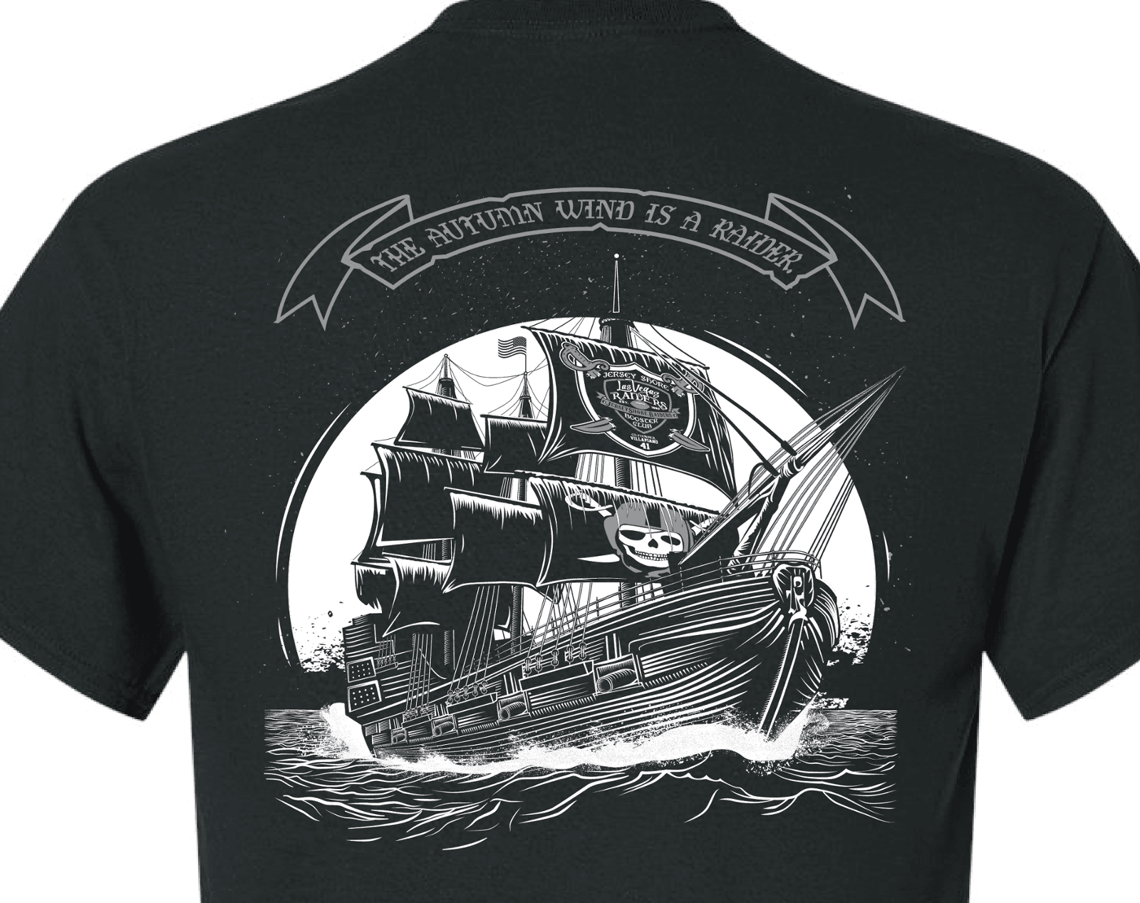 This client brought a disheveled GPT image of a pirate ship. The composition is the same, but the boat needed to be redesigned. The linework is vector and all of it rendered differently from the client sample and was designed to print in Silver and White. A GPT image would have also have needed to print black over the fabric. 
